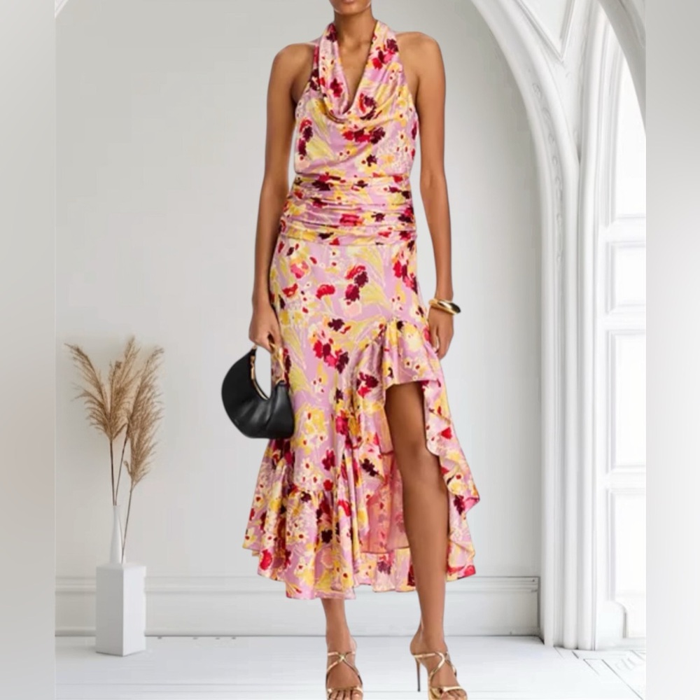 Cinq à Sept Asymmetrical Dress in Pink and Yellow Floral